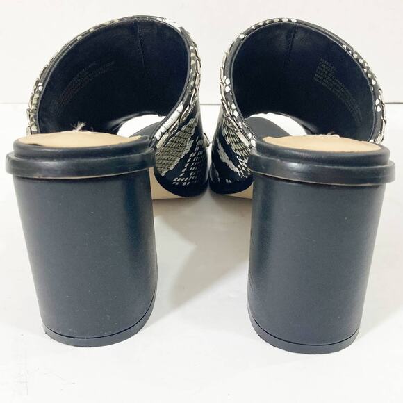 Snake embossed peep toe mules, womens 7.5 python pattern chain trim chunky heels - Picture 7 of 11